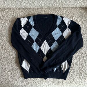 Brandy Melville Navy Blue Argyle V-Neck Sweater with Light Blue & White